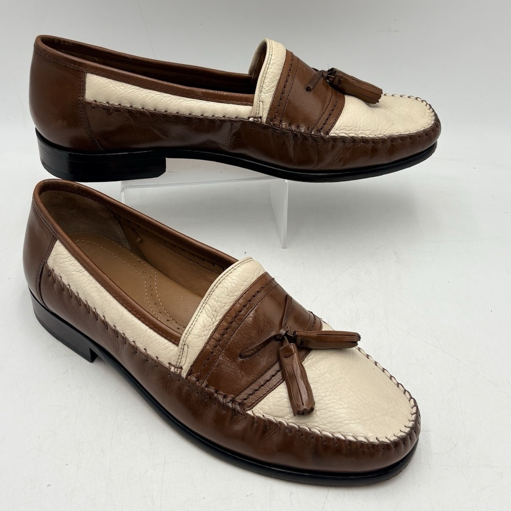 Brass Boot Walking Glove Mens 10W Two Tone Brown Ivory Tassel Loafers Leather